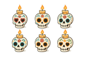 Fototapeta premium Colorful coffee mugs with hot drinks and marshmallows for winter fun. Set of 6 vector illustration