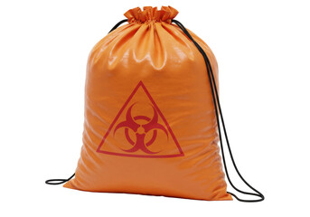 Isolated medical waste bag, biohazard symbol printed, drawstring closure, caution for disposal