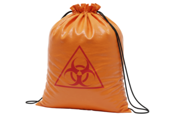 Isolated medical waste bag, biohazard symbol printed, drawstring closure, caution for disposal