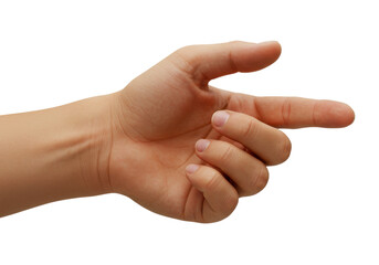 Isolated human hand pointing, indicating direction to the right, arm extended outward