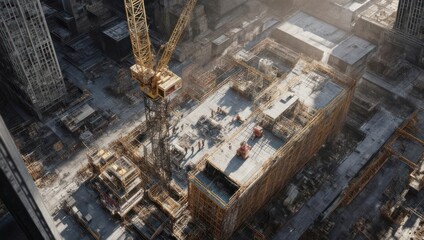 Fototapeta premium Construction Site Aerial View - High-Rise Building Under Development with Crane.