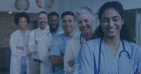 Standing six clinical staff posing diagonally in hospital hall, with stethoscopes and data overlay