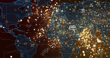 Obraz premium Displaying digital world map showing glowing data points and network lines on interface, with icons