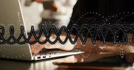 Typing mid adult Asian woman wearing long-sleeve top in office, with laptop tablet waveform overlay