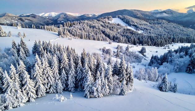 Aerial view of a snowy mountain range with frosted trees. Winter landscape with sunlight