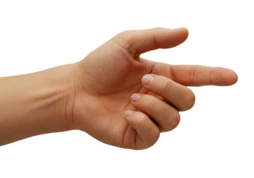 Isolated human hand pointing, indicating direction to the right, arm extended outward