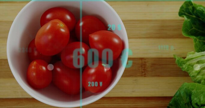 Displaying white ceramic bowl with tomatoes, lettuce on cutting board showing readouts, copy space