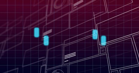 Displaying interface in digital space using white grid lines, outlined panels and four cyan markers