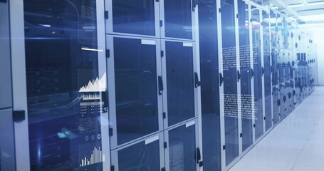 Lining data center corridor, glass server racks flashing LED indicators, cable bundles and graphs