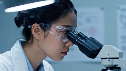 Female Scientist Analyzing Samples with Microscope Wearing Safety Glasses in Blue Tinted Lab for Medical Research Pharmaceutical Testing with Complex Scientific Instrument