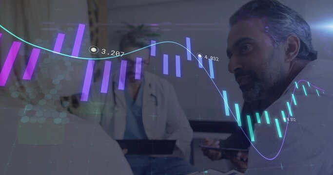 Medical team in scrubs reviewing patient data in hospital meeting room, with 3D bar chart