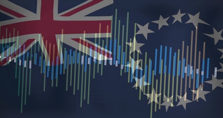 Displaying graphic combining Union Jack flag, EU star circle, colorful data bars on navy background