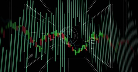Displaying candlestick chart with histogram bars scrolling over grid on dashboard, with HUD reticle