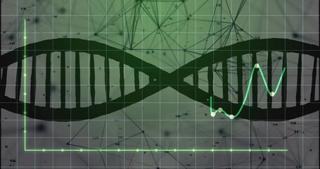 Displaying black DNA helix overlaying grid axes backdrop with green line graph and network nodes