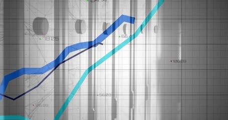 Displaying ascending trend lines in dashboard grid, with blue and cyan graphs, numeric labels