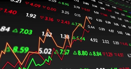 Market chart displaying colored trends on trading monitor with numeric values and arrows