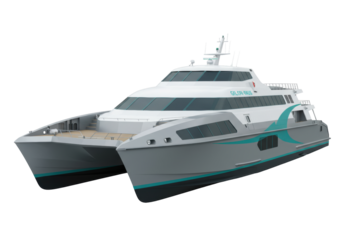 Isolated grey catamaran ferry boat with green detailing against a plain studio backdrop