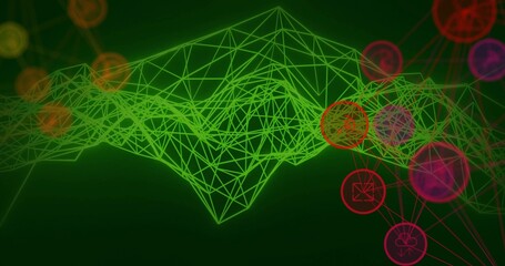 Animating green wireframe mesh in digital graphic, with red magenta nodes and orange circles