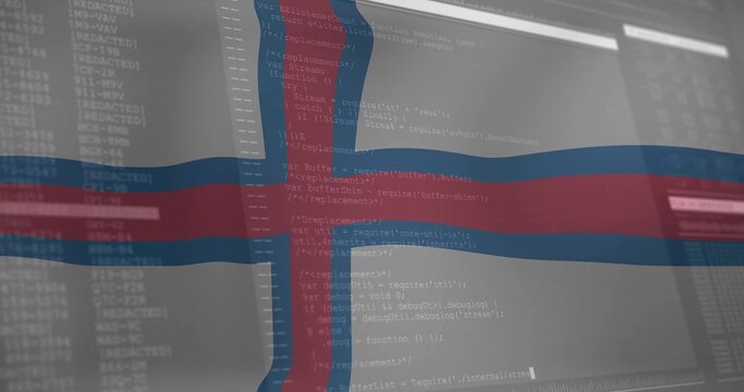 Naklejki Displaying Icelandic flag overlay on code editor on monitor showing programming code on desktop