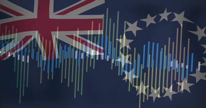 Naklejki Displaying graphic combining Union Jack flag, EU star circle, colorful data bars on navy background