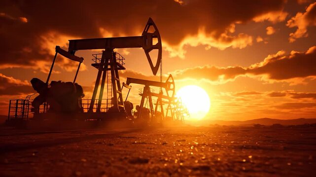 Pumpjack extracting oil at sunset. Oilfield silhouettes line horizon. Drilling and extraction equipment power production and energy operations. Rig structures define industry landscape under gold sky.