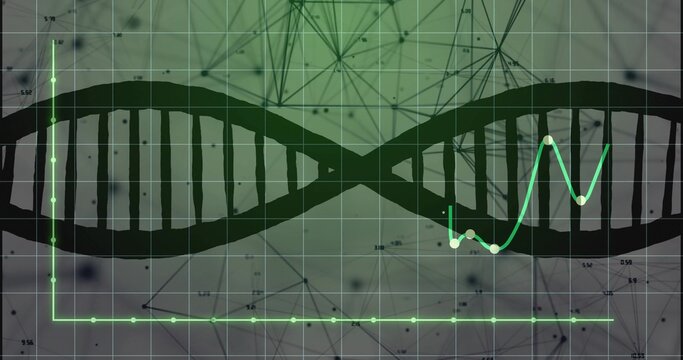 Displaying black DNA helix overlaying grid axes backdrop with green line graph and network nodes