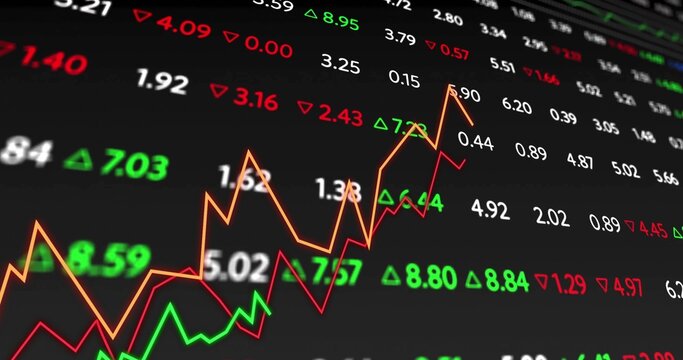 Market chart displaying colored trends on trading monitor with numeric values and arrows