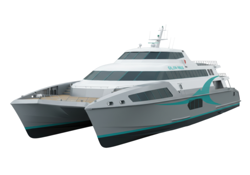 Isolated grey catamaran ferry boat with green detailing against a plain studio backdrop