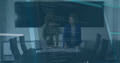 Leaning professionals in business attire examining laptop and papers in meeting room, code overlay