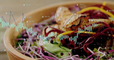 Showcasing wooden bowl of salad with grilled chicken, showing stock chart overlay in kitchen