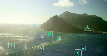 Showing mountain rising from turquoise ocean in aerial coastal view, with floating digital icons