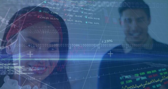 Smiling woman with white headphones viewing financial data overlays in office, copy space