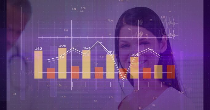 Professional wearing white blouse analyzing chart in office, with bars  and  white line graph  and  