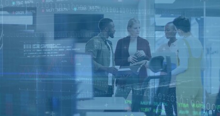 Collaborating four employees reviewing docs in open-plan office with tablet notebook data overlay