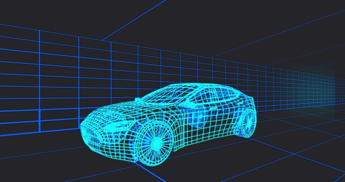 Displaying wireframe 3D sedan model glowing inside virtual grid tunnel, with neon perspective lines