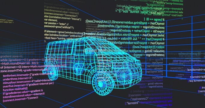 Floating cyan wireframe SUV drifting in virtual grid environment, with glowing code and axis lines