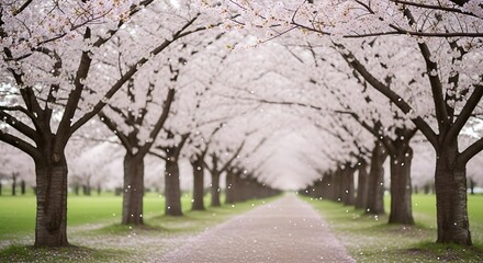 Tunnel of blooming cherry blossom trees with falling petals on path image