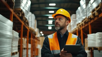 Worker in safety gear conducts inventory check in a warehouse while using a tablet during daylight hours - Powered by Adobe