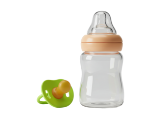 Isolated Baby Bottle and Pacifier, Glass Bottle with Nipple and Lid, Green and Yellow Pacifier