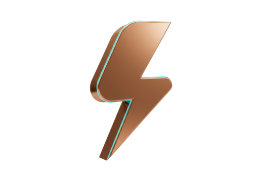 Isolated lightning bolt graphic, bronze-colored, with teal reflective border, on neutral backdrop
