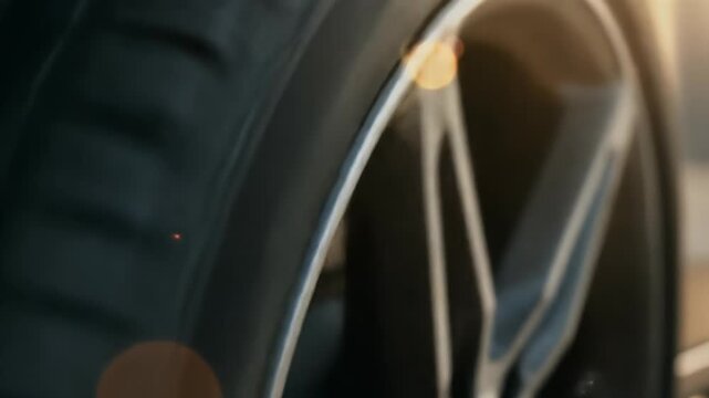 Realistic close up video of a car tire and wheel in daylight