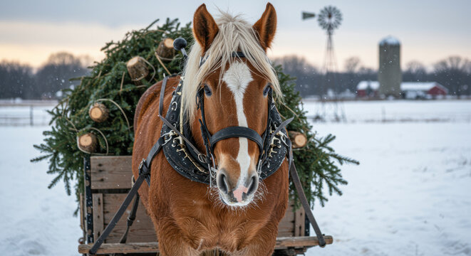 Brown draft horse pulling a wooden wagon loaded with pine trees through snowy farmland at sunrise in winter countryside landscape