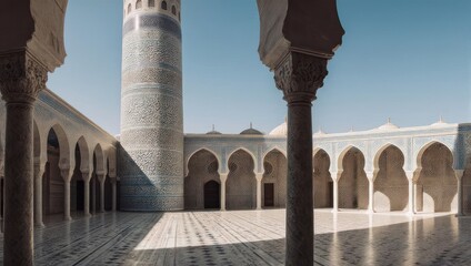 Fototapeta premium Courtyard of a Mosque with Arches and Minaret in Medina, Saudi Arabia.