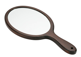 Isolated hand mirror in a brown wooden frame for makeup and cosmetic touch ups on the go