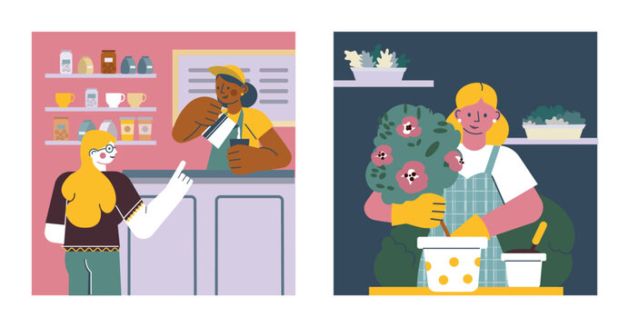 Local Business Scenes — Coffee Shop and Flower Shop Vector Set - Powered by Adobe