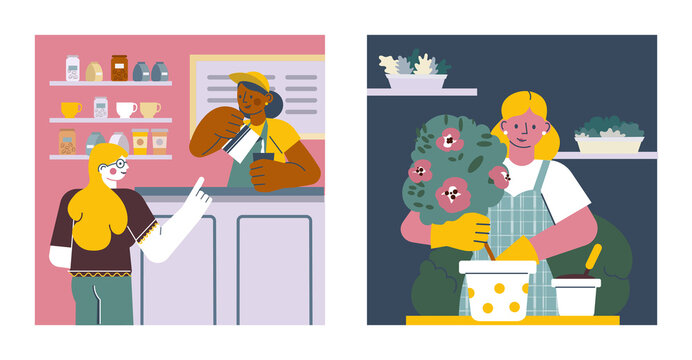 Local Business Scenes — Coffee Shop and Flower Shop Vector Set