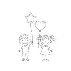 Cartoon Boy and Girl Holding Star and Heart Balloons Smiling Outline Drawing.