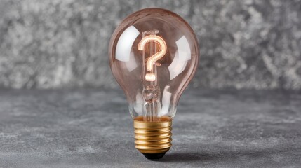 Glowing lightbulb with question mark filament symbolizing curiosity, innovation, and discovery against dark slate background with subtle light flares and copy space