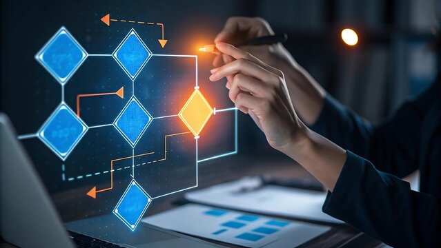 Close up of hands interacting with a futuristic holographic flowchart diagram representing data analysis and business process optimization