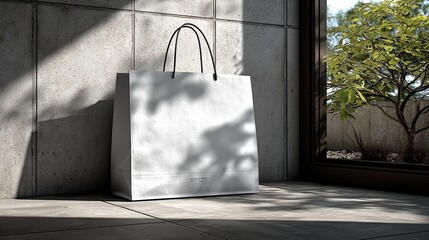 Blank white shopping bag on textured surface, sunlit shadows, outdoor greenery visible